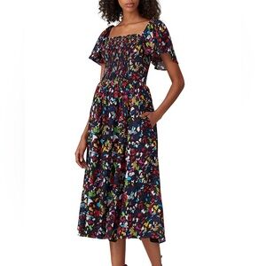 Tanya Taylor Glenda Dress Black Midi Multicolor Print